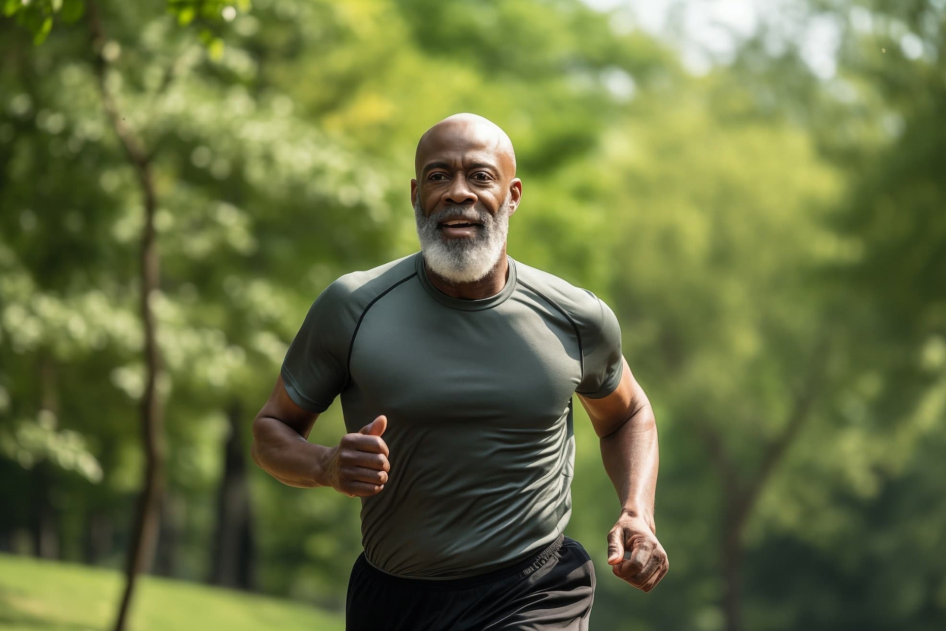 Fit older African American man with a gray beard jogging in the park supporting healthy cellular function