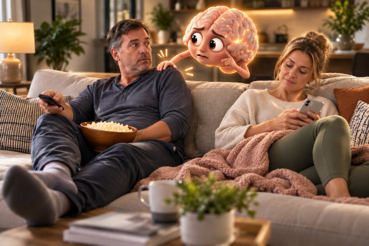 Man and woman couple on the couch with a brain graphic trying to get the man's attention, muscle-brain connection concept