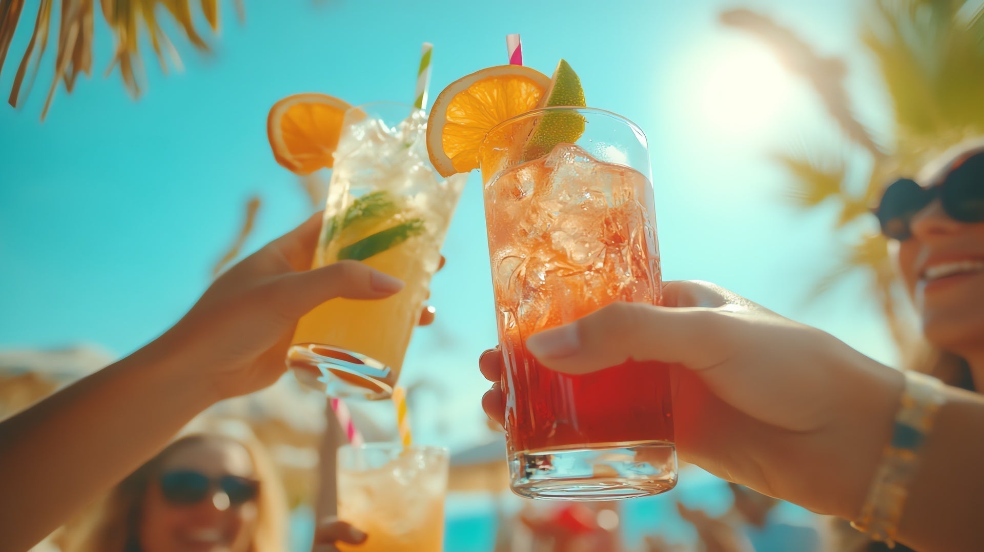 A close-up of hands toasting with summer mocktails at a poolside party/ beach.