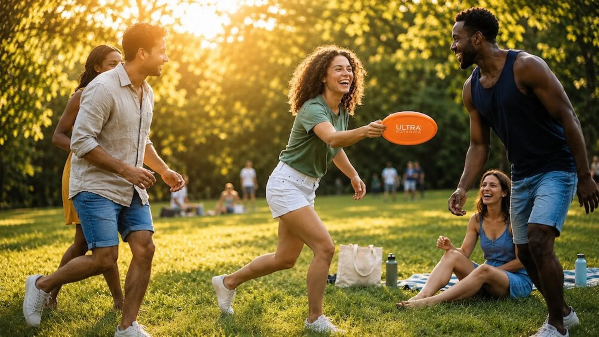 Group of adult friends playing frisbee at the park full of energy balance and metabolic wellness