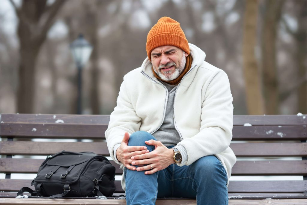Man holding his painful knee while sitting on a park bench, wearing warm winter clothing, with a blurred outdoor winter scene. Concept of joint health, arthritis in cold weather.