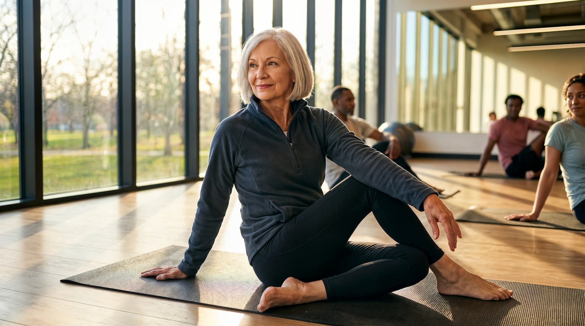 Senior woman in athletic wear doing a seated yoga pose on a mat in a bright studio supporting oxidative stress and aging