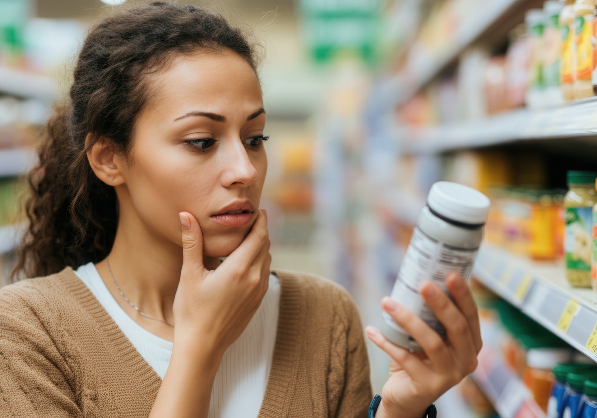 Thoughtful woman wondering how to read a supplement label correctly in the store
