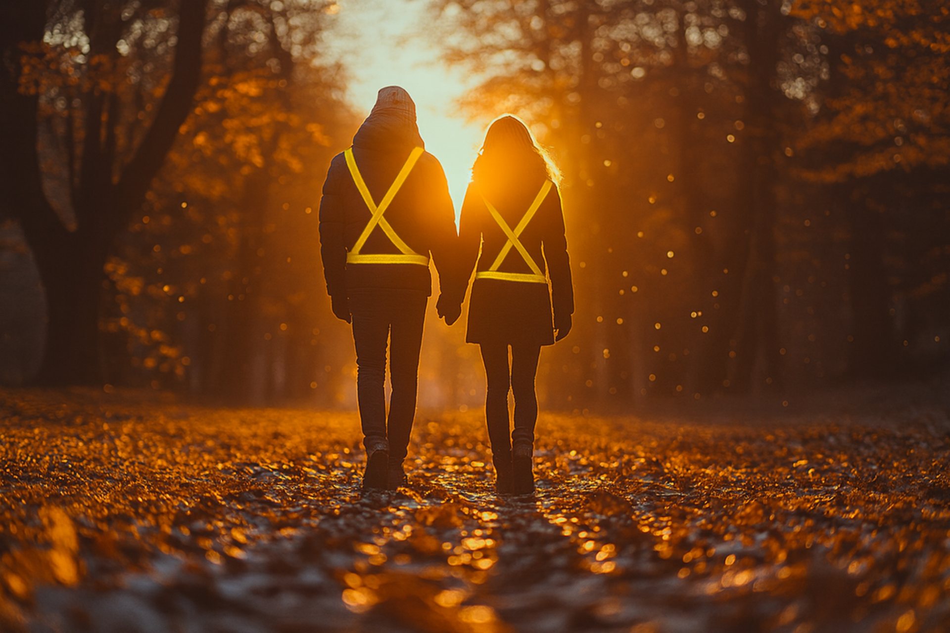 Couple taking a night walk at sunset along leaf covered path in the fall