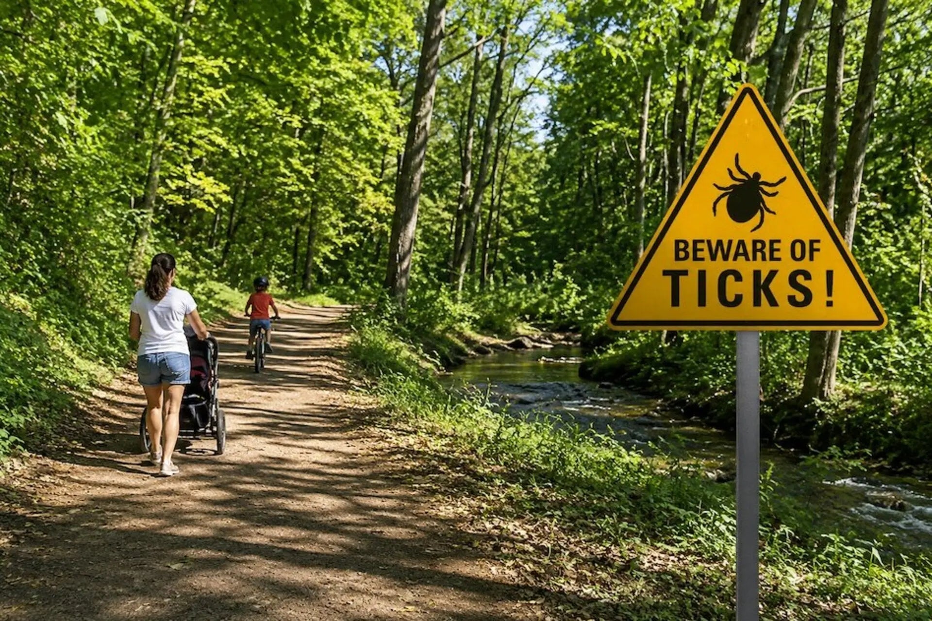 Woman and children on a nature path with Beware of Ticks! sign