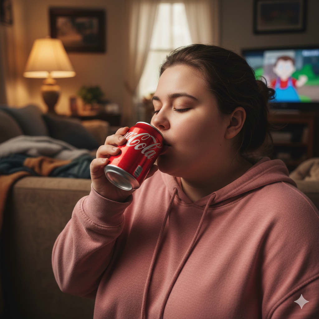 Woman in a hoodie drinking a regular soda in her living room