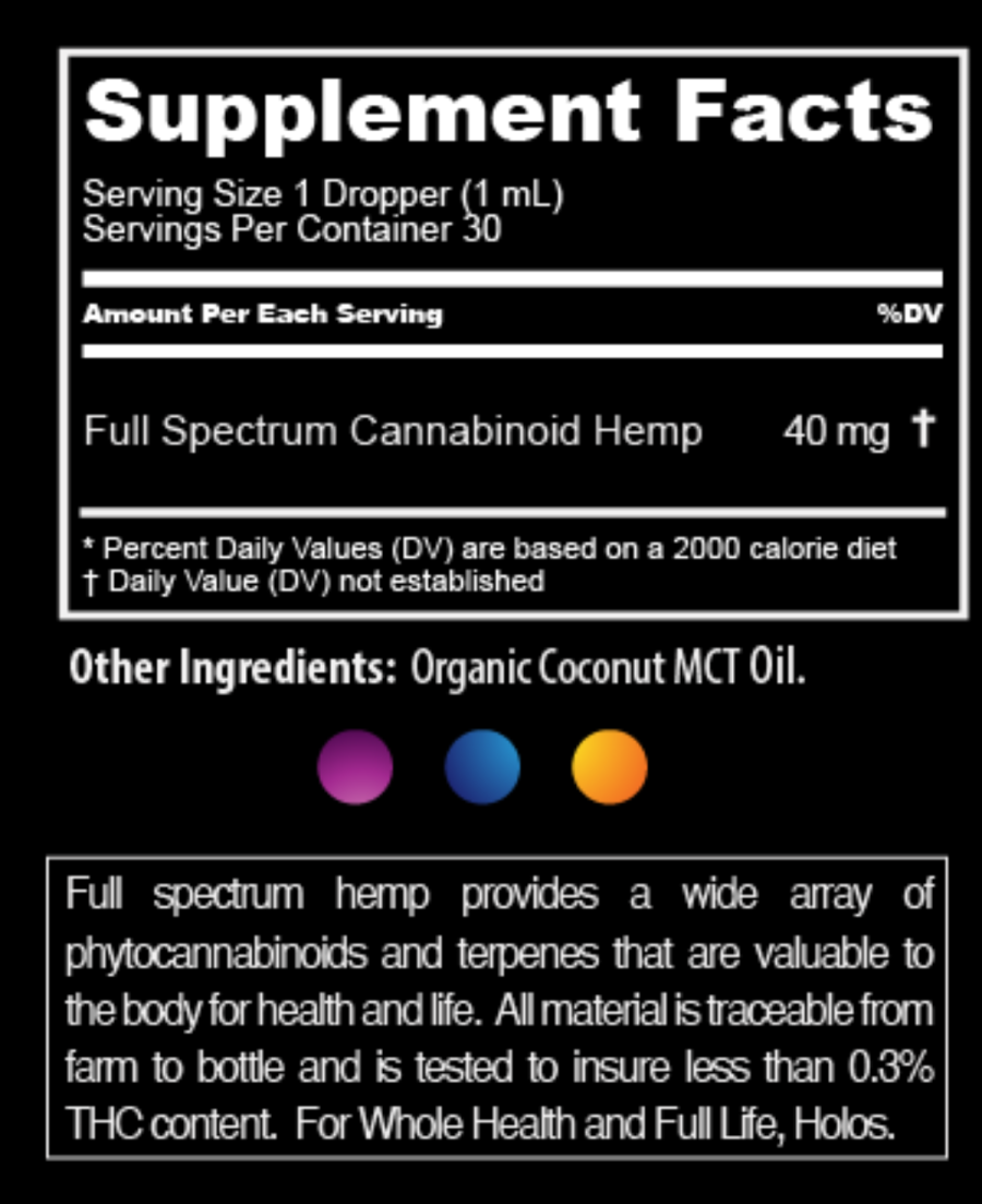 Holos Botanica 1200 mg. 1 oz. Hemp Oil Tincture (Unflavored)