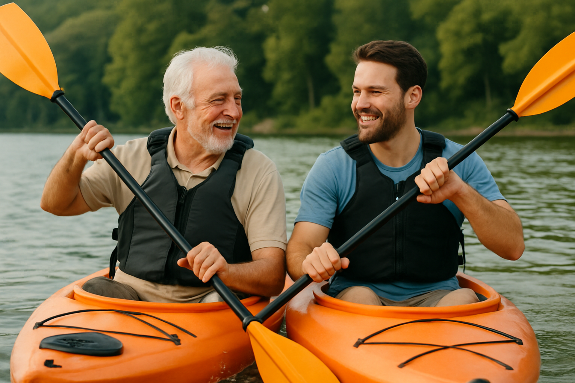 Father and son kayaking - multi generational friendship
