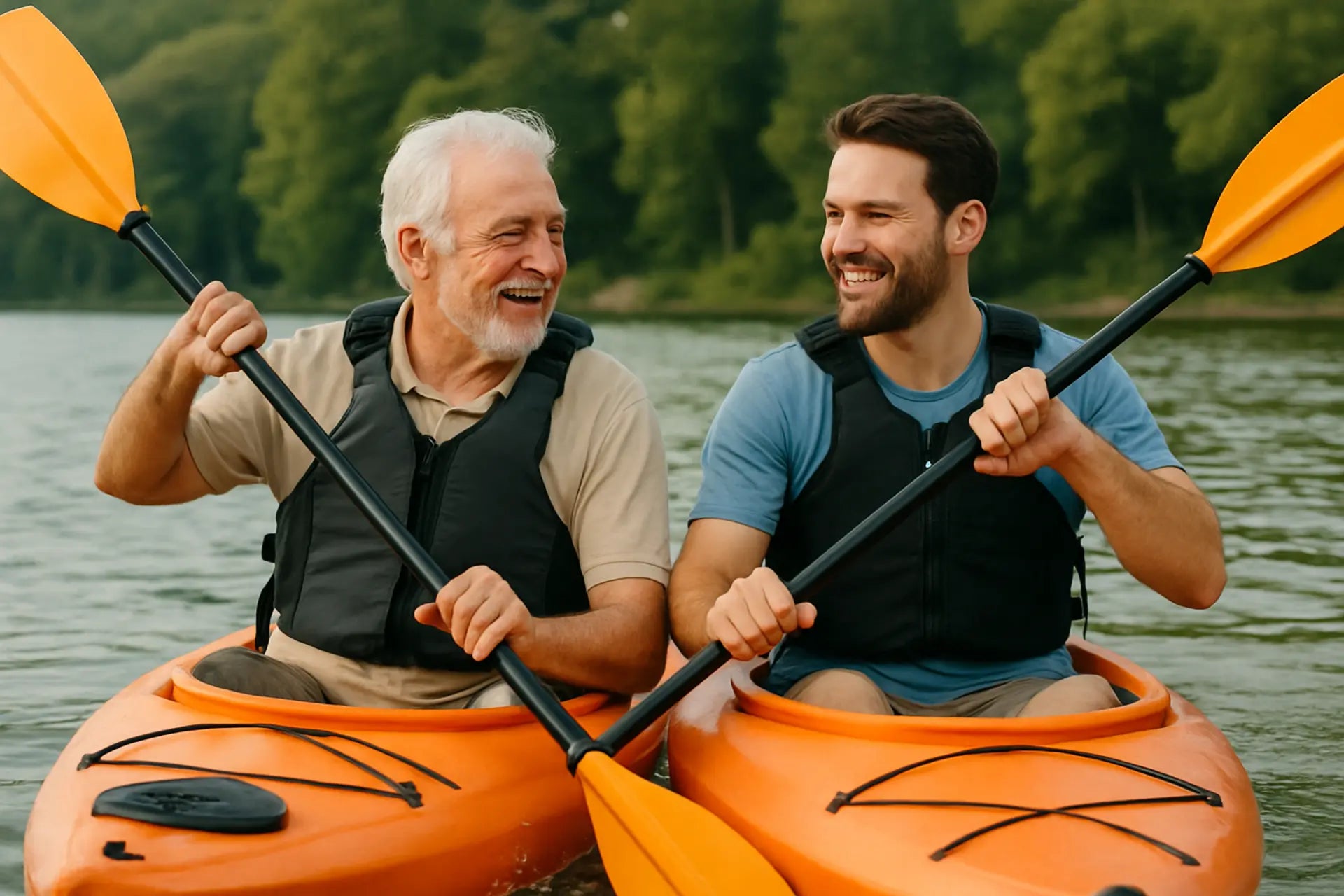 Father and son kayaking - multi generational friendship