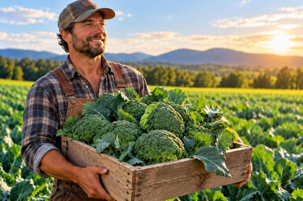Man with a crate full of freshly harvested broccoli - Broccoli Seed Extract concept