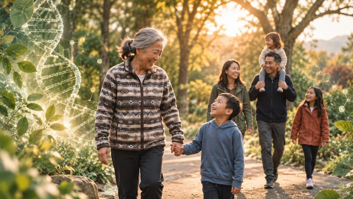 Multi-generational Asian family walking along a park path at sunset, grandmother holding grandson's hand during an autumn outing - cellular antioxidant defense concept