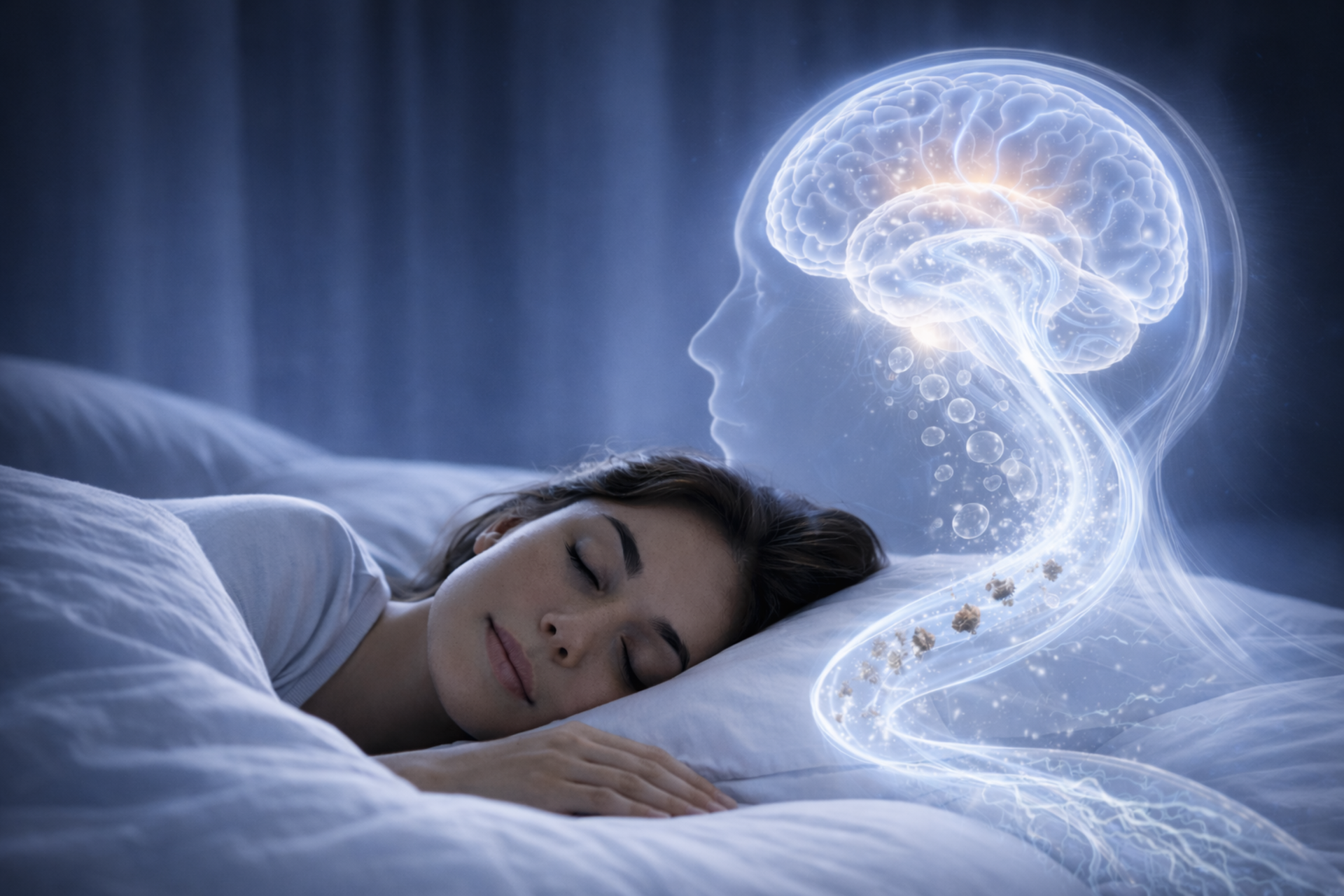 Woman asleep in bed graphic showing the glymphatic system brain detox during deep sleep 