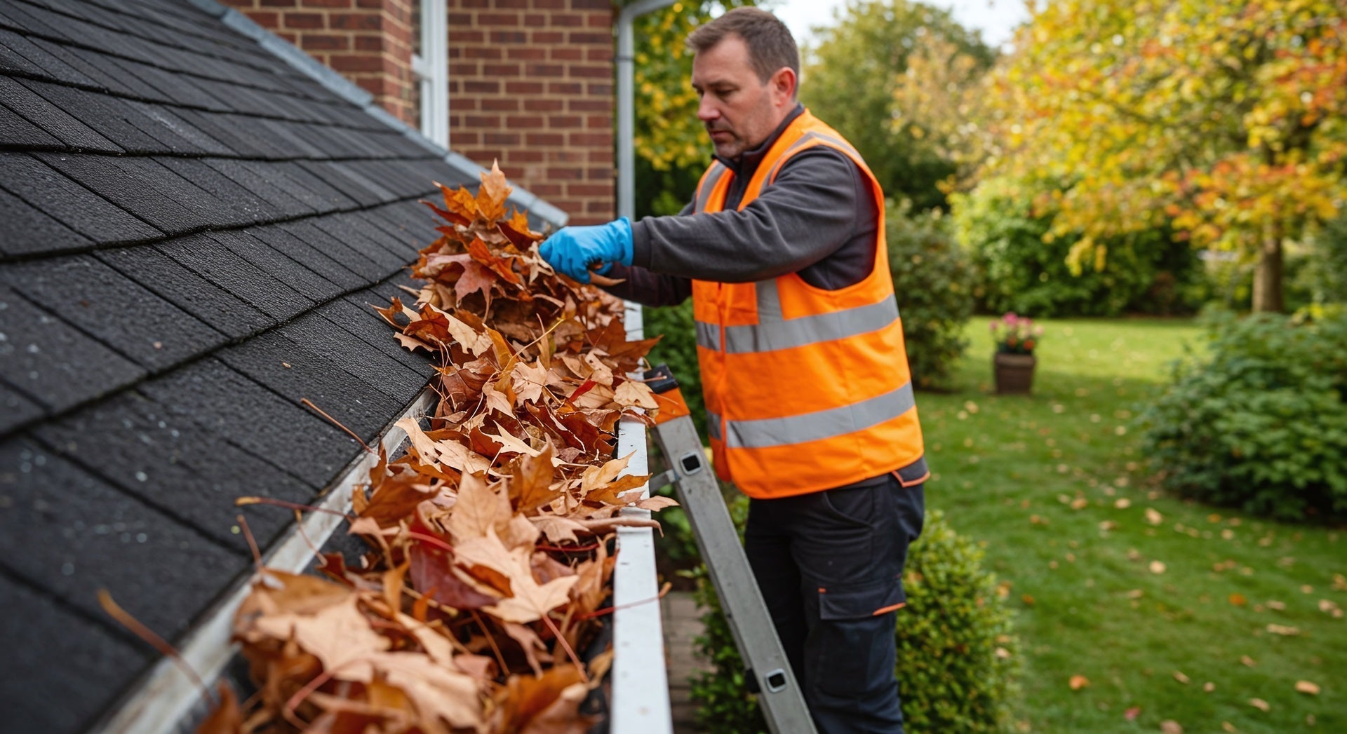 Man cleaning fall leaves from the gutter, doing a fall declutter