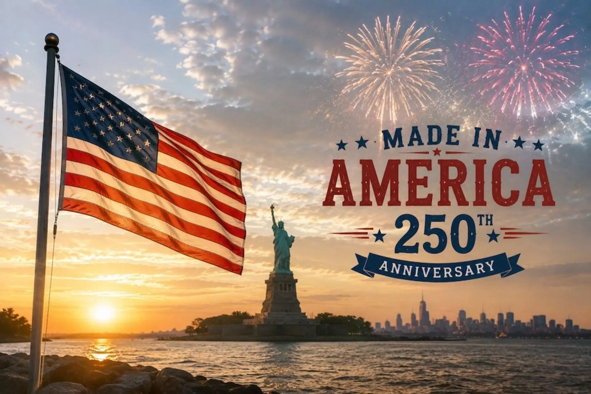 Made in America 250th Anniversary image with flag, fireworks, and Statue of Liberty