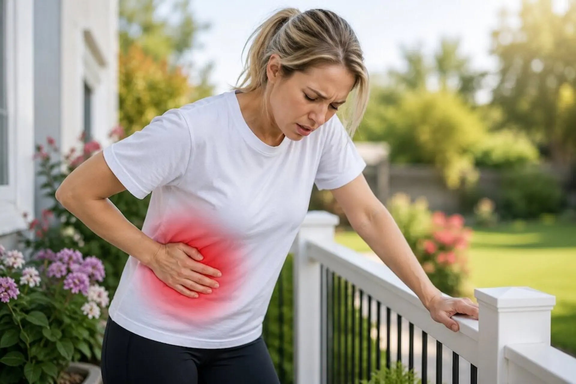Woman holding her right side in pain signs of liver stress