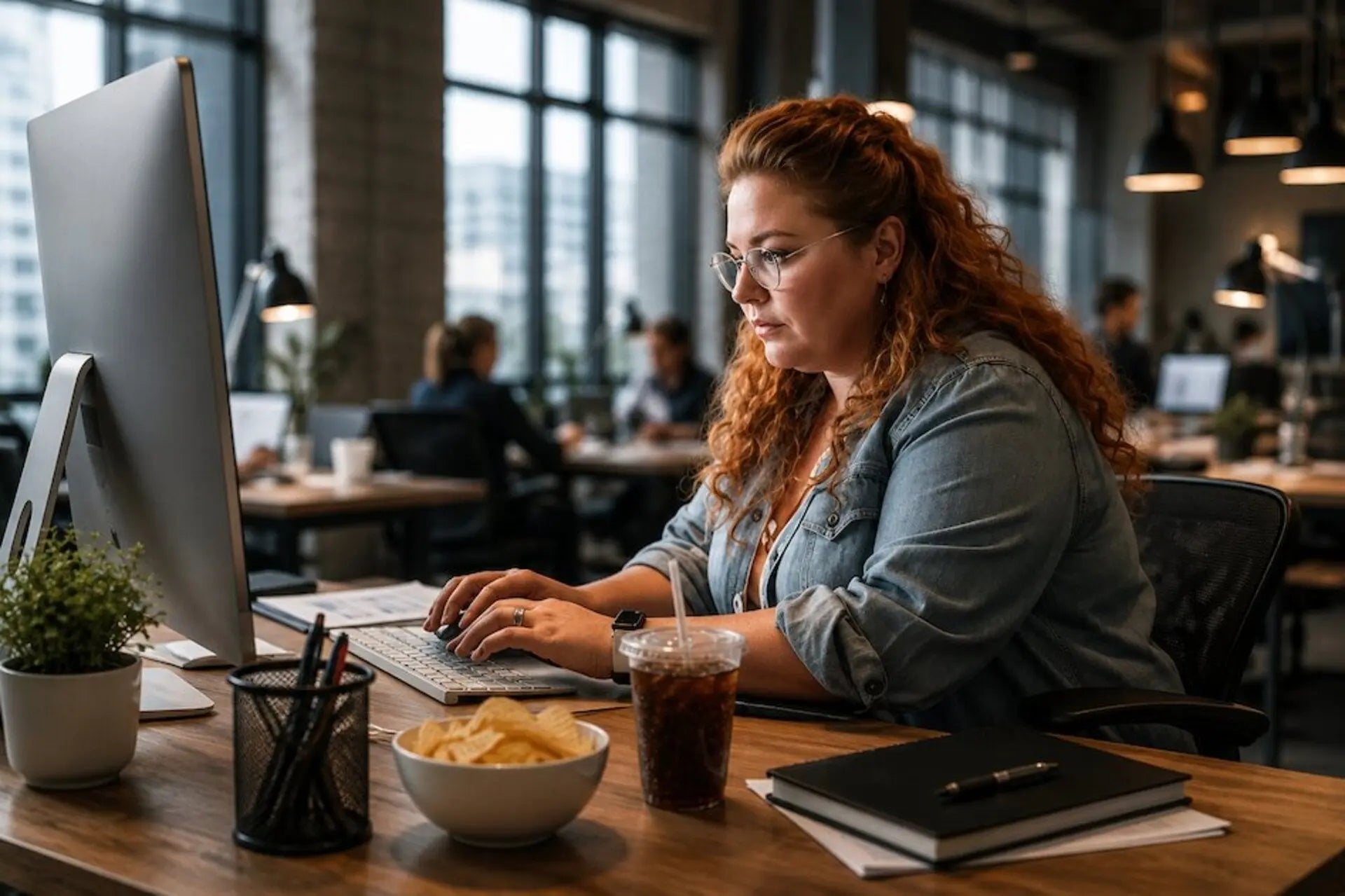 Woman sitting at her work desk in a modern office with a sugary drink, modern lifestyle and liver health concept