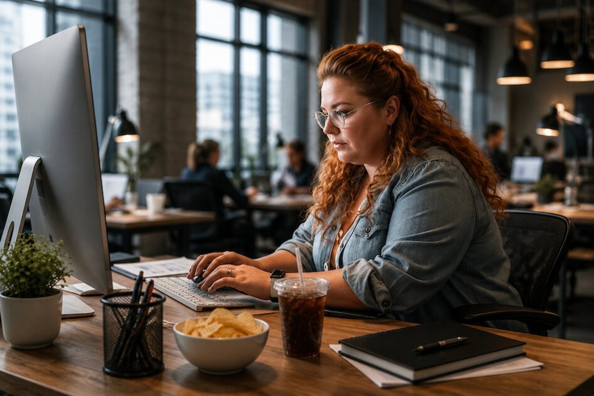Woman sitting at her work desk in a modern office with a sugary drink, modern lifestyle and liver health concept