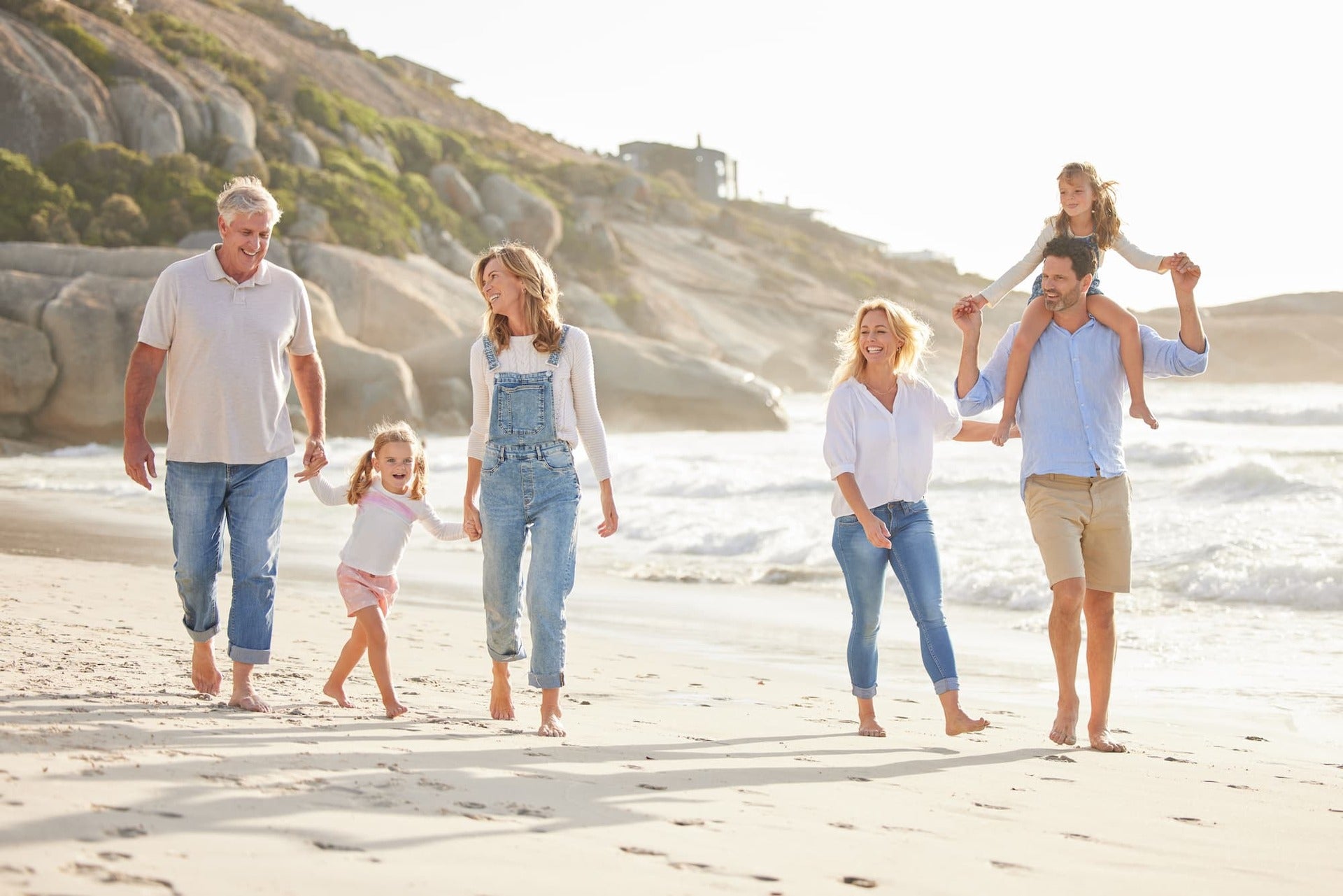 Multi-generational family walking on the beach, and example of dual-task walking