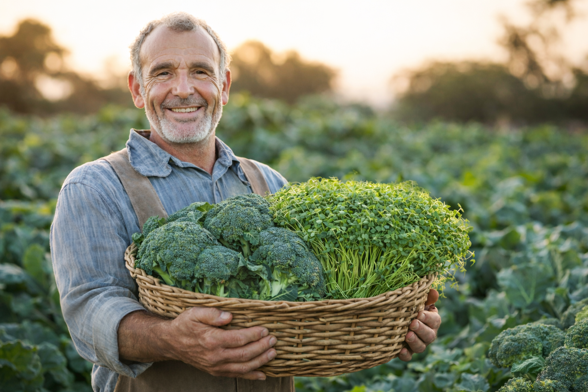 Man holding a basket of broccoli and broccoli sprouts in the garden