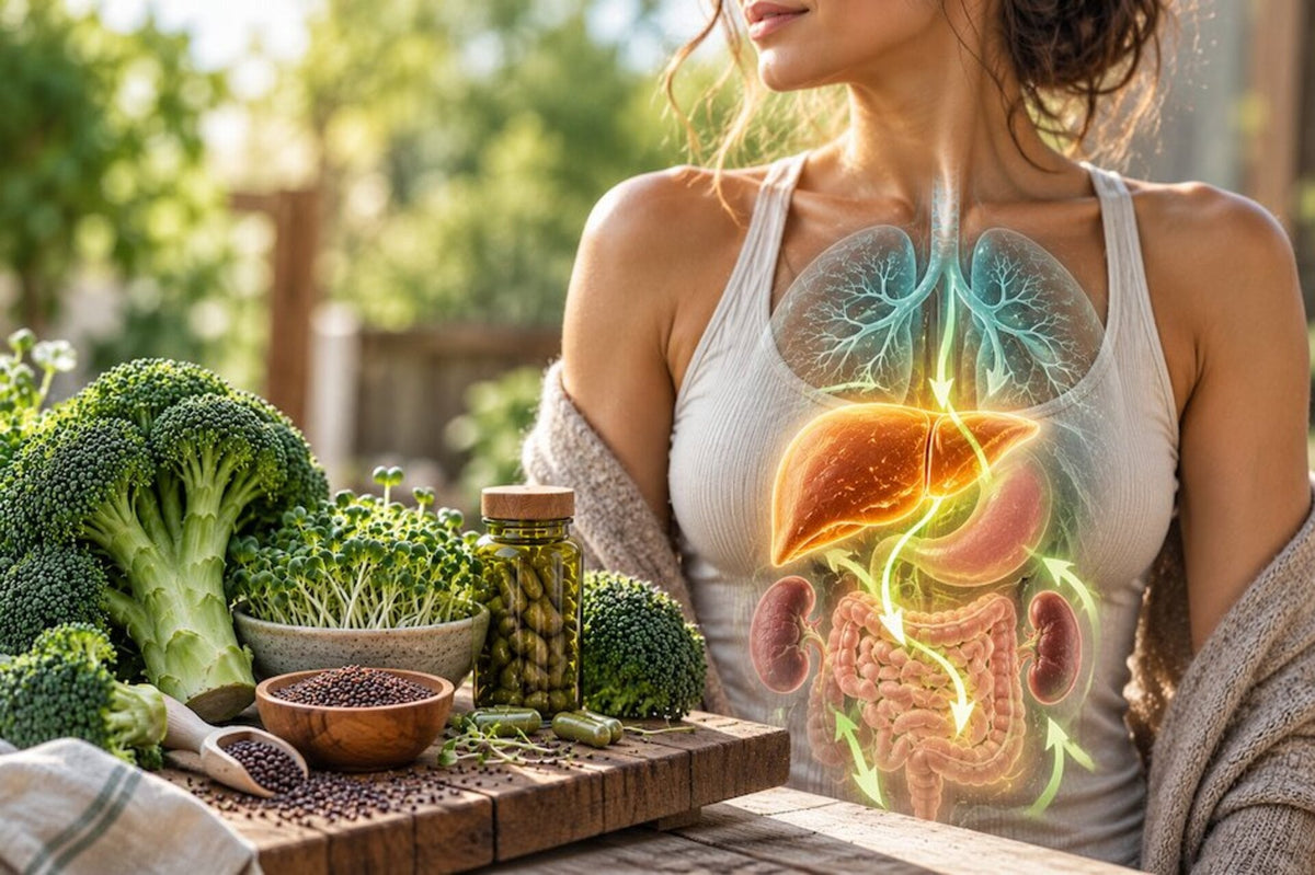 Sulforaphane and Phase II detoxification graphic woman at table with broccoli, broccoli sprouts, broccoli seeds, and broccoli extract