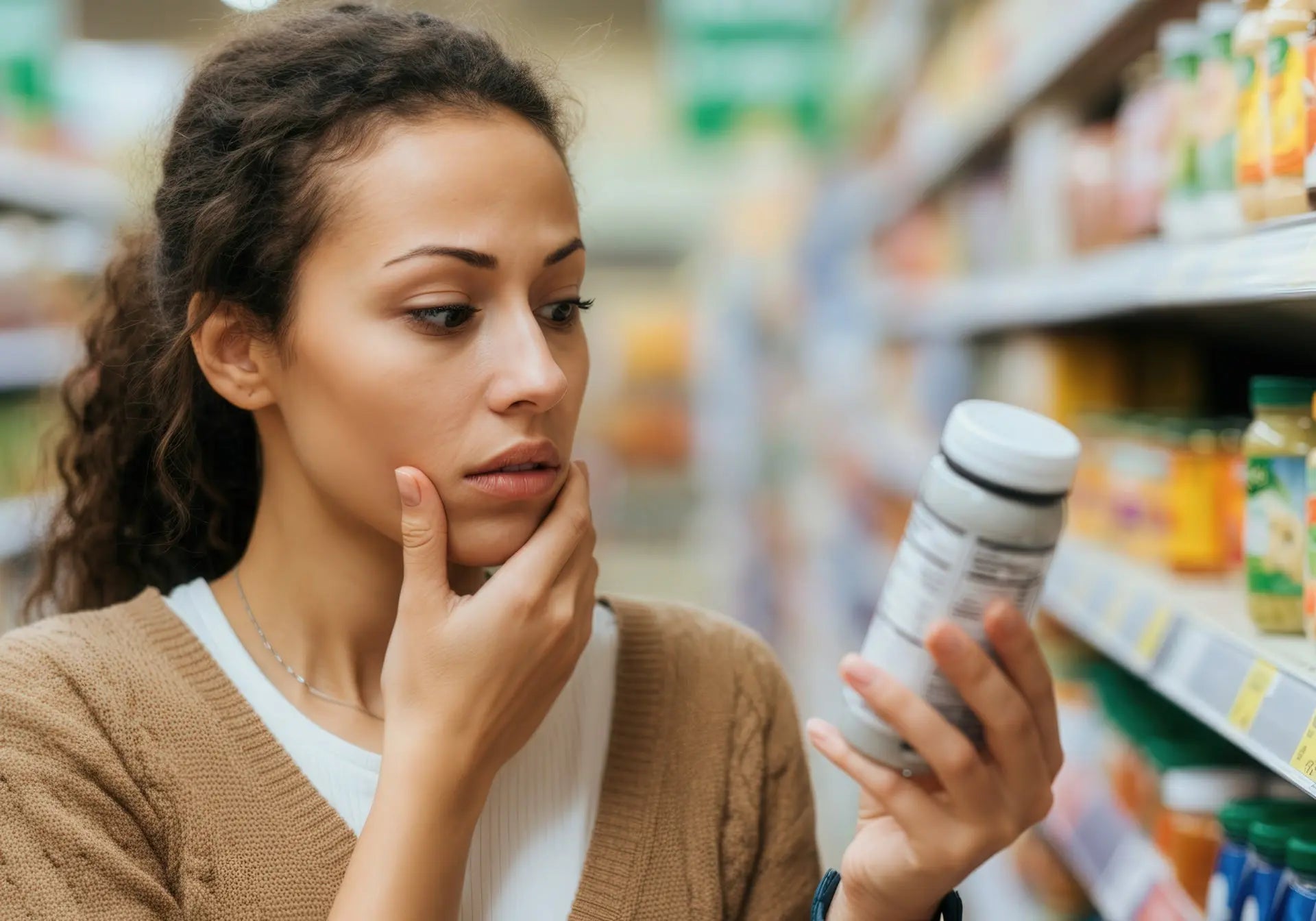 Thoughtful woman wondering  how to read a supplement label correctly in the store