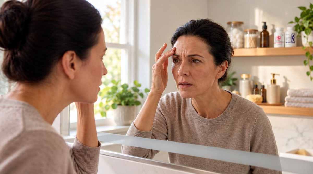Woman examining her face in the mirror for wrinkles and skin concern - sugar and aging concept