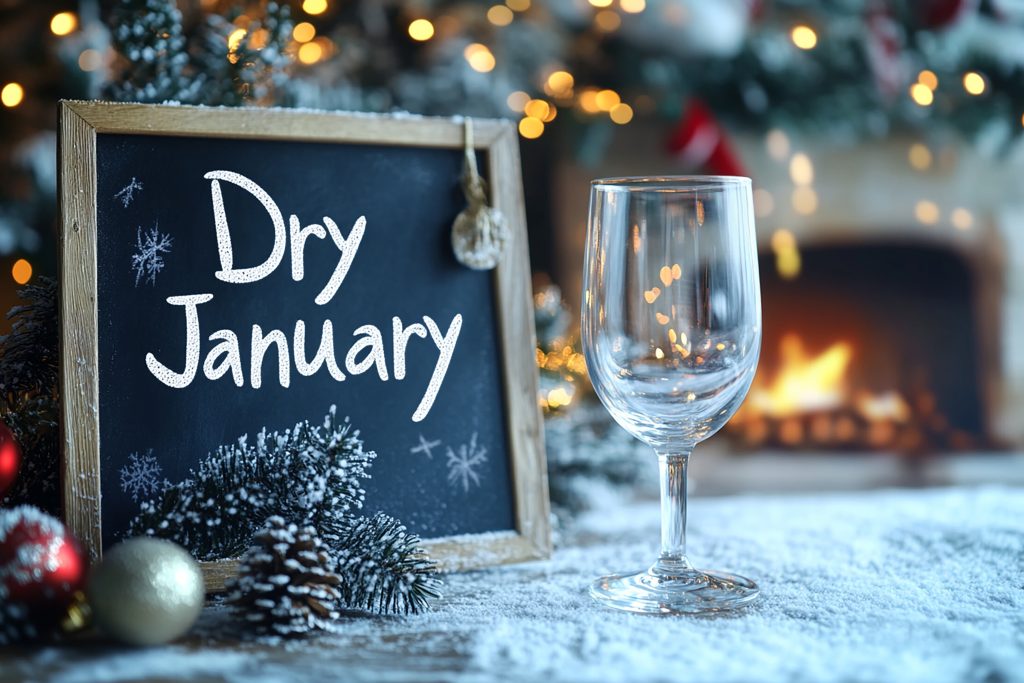 Dry January and empty glass,no alcohol month,health and wellness,mindful drinking