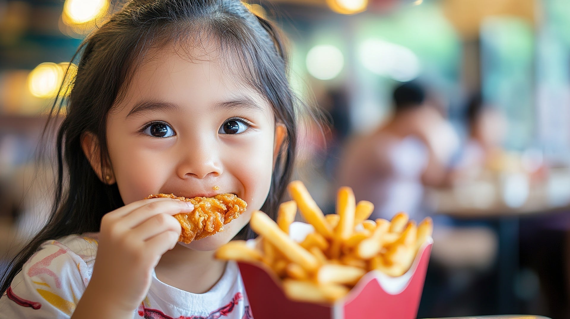Little asian girl eating fried chicken and french fries-fast food that is high in trans fats