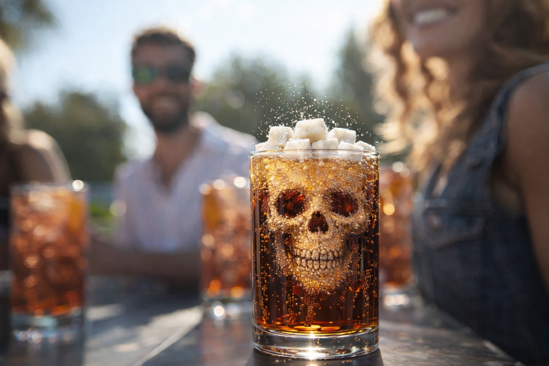 Friends at table, glass of soda with sugar cubes and skull imagery-sugar and heart disease concept