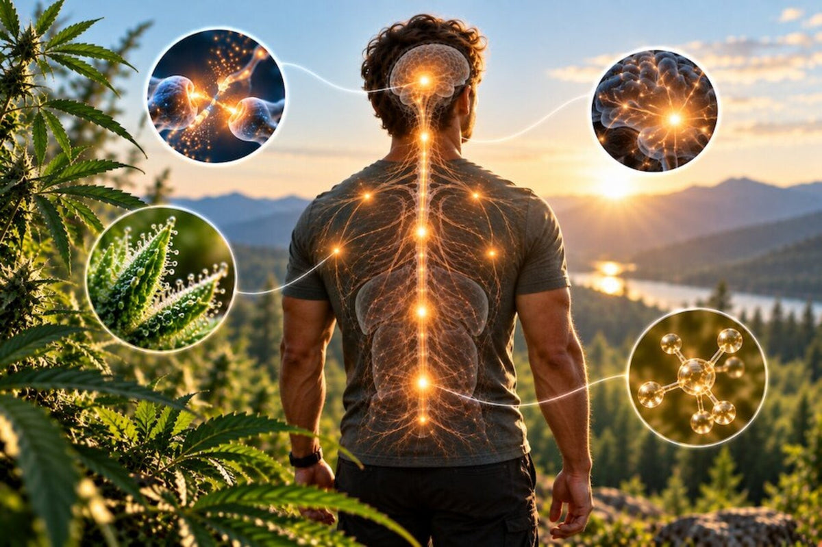Man looking toward the outdoors with an overlay of endocannabinoid system