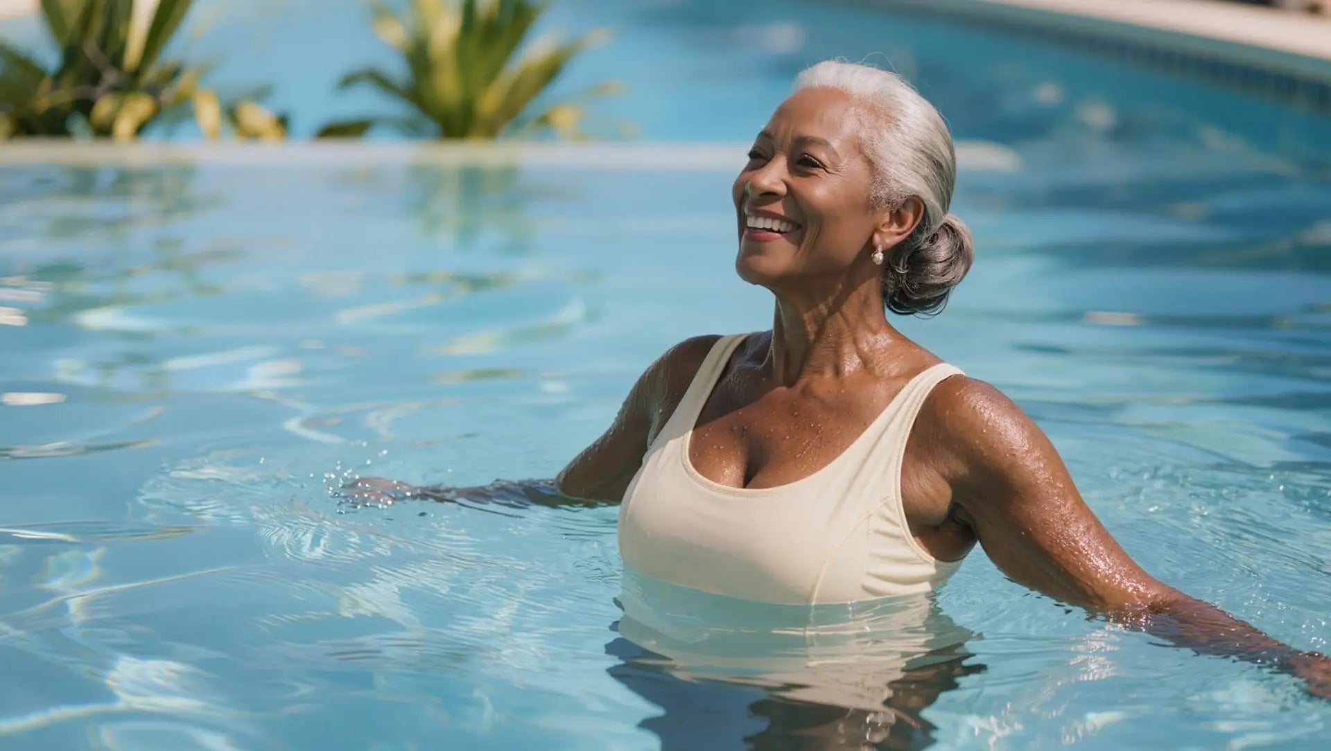 Joyful active senior African American woman smiling in sparkling swimming pool, healthy habits for liver health concept