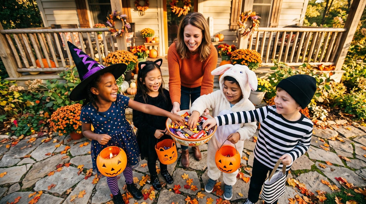 Children in Halloween costumes, trick or treating - what happens when you eat too much sugar