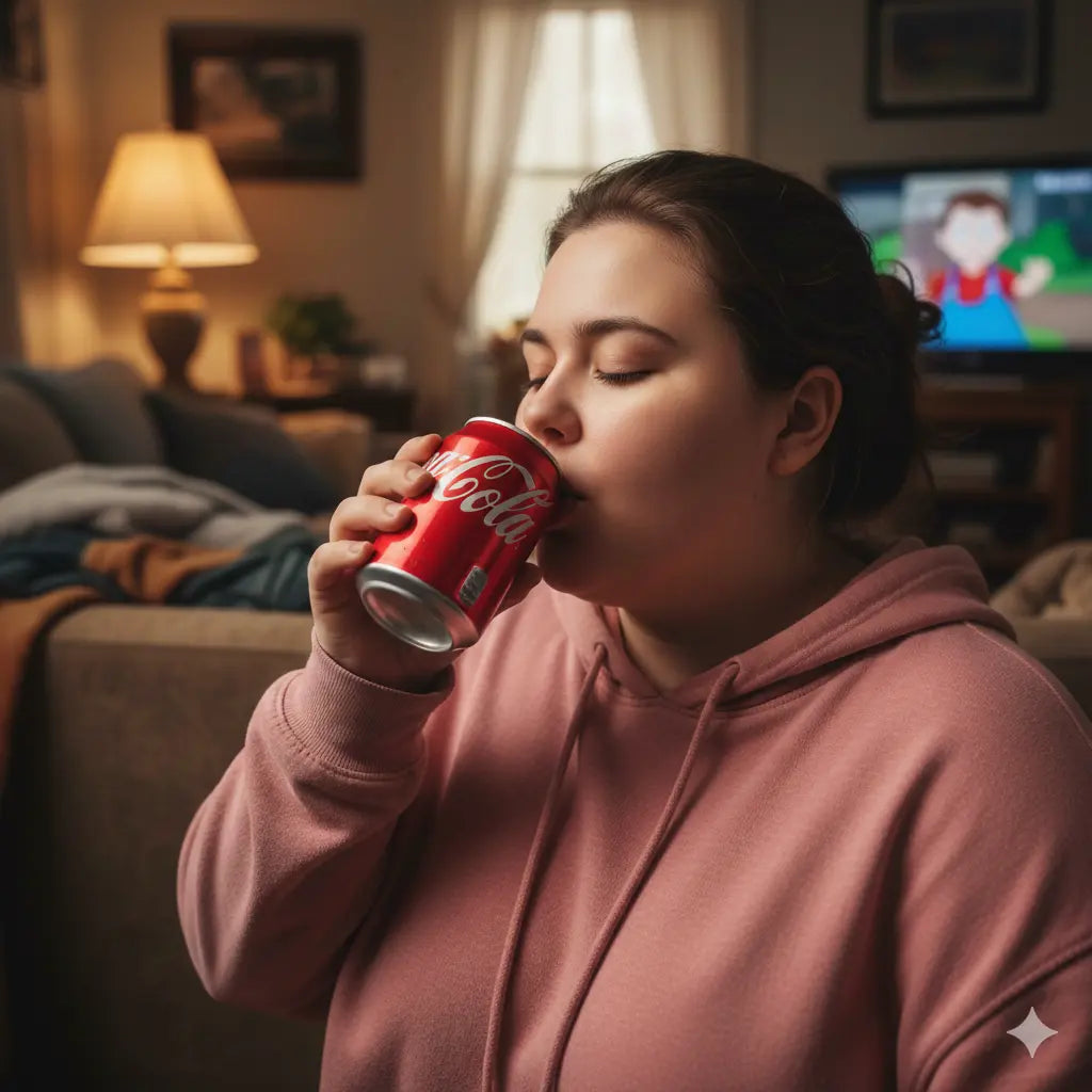Woman in a hoodie drinking a regular soda in her living room 