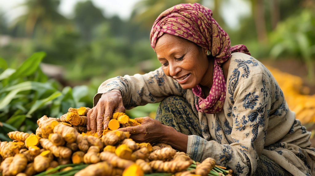 Woman harvesting fresh turmeric in a farm, curcumin for blood sugar.